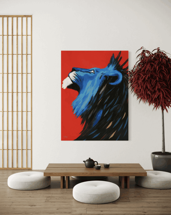 Blood and Blue lion art work displayed in modern interior setting
